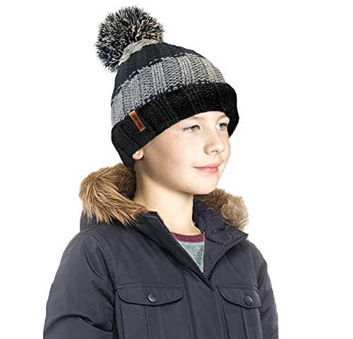 RockJock R80 Kids Girls Boys Ribbed Striped Thermal Insulating Bobble Hat with Cosy Fleece Lining Black/Grey
