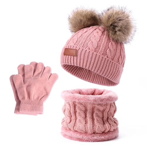 3 PCS Kids Winter Warm Beanie Hat Scarf Gloves Set, Thermal Knit Crochet Thick Fluffy Toddler Scarf Double Pom Pom Bobble Hat with Faux Fur for Girls Boys Children Toddler Aged 3-8 years old (Pink)