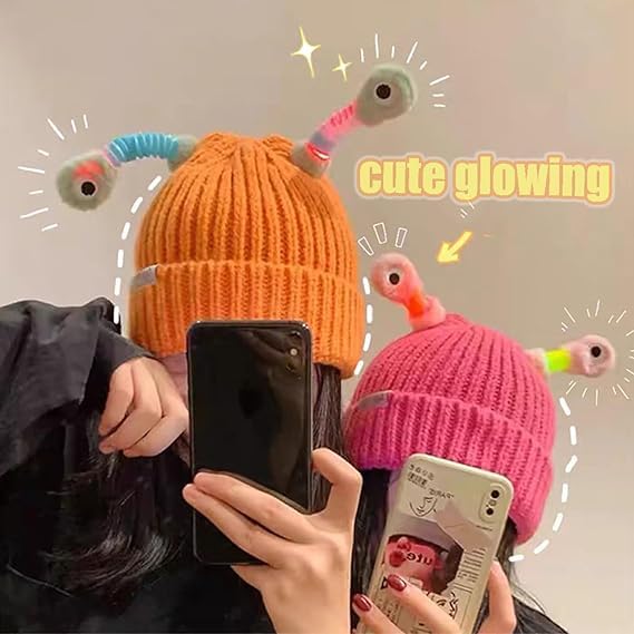 Heyzeibo Winter Parent-Child Cute Glowing Little Monster Knit Hat, Funny Glowing Monster Knitted Winter Beanie Hat (Cotton, Purple)