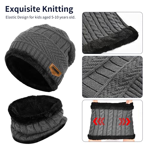 Kids Winter Hat Scarf Gloves Set - Warm Thermal Knitted Beanie Cap Snood Neck Warmer Touchscreen Anti-slip Mitten Outdoor Sports Soft Fleece Lining Elastic for Children Boys Girls Grey Aged 5-10