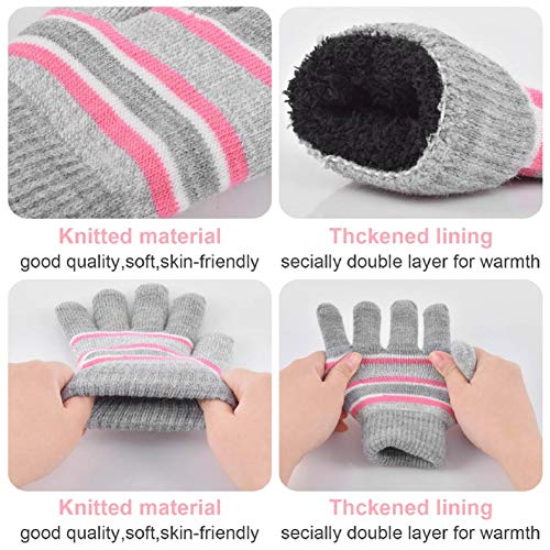 Yuson Girl 3 Pcs Kids Winter Stripe Knitted Bobble Beanie Hat Snood Scarf Gloves Set with Thick Fleece Lining Cotton Thermal Knit Pom Pom Hat Cap Neck Warmer for Children Outdoor Boy Girl