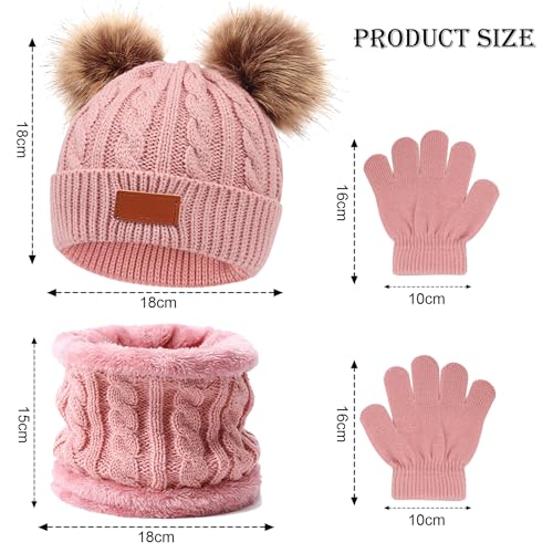 3 PCS Kids Winter Warm Beanie Hat Scarf Gloves Set, Thermal Knit Crochet Thick Fluffy Toddler Scarf Double Pom Pom Bobble Hat with Faux Fur for Girls Boys Children Toddler Aged 3-8 years old (Pink)
