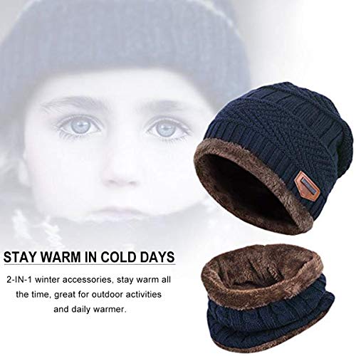 HIDARLING Children's Warm Knitted Hat and Tubular Scarf with Wool Lining, 2 Pieces, Armada, M