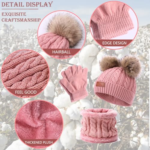 3 PCS Kids Winter Warm Beanie Hat Scarf Gloves Set, Thermal Knit Crochet Thick Fluffy Toddler Scarf Double Pom Pom Bobble Hat with Faux Fur for Girls Boys Children Toddler Aged 3-8 years old (Pink)