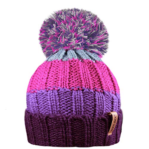 RockJock R80 Kids Girls Boys Ribbed Striped Thermal Insulating Bobble Hat with Cosy Fleece Lining - Purple/Pink