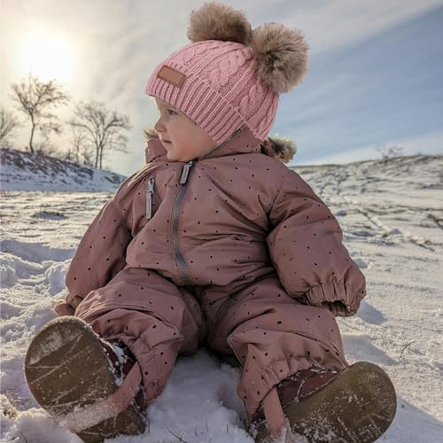 3 PCS Kids Winter Warm Beanie Hat Scarf Gloves Set, Thermal Knit Crochet Thick Fluffy Toddler Scarf Double Pom Pom Bobble Hat with Faux Fur for Girls Boys Children Toddler Aged 3-8 years old (Pink)