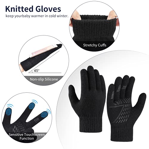 Kids Winter Hat Scarf Gloves Set - Warm Thermal Knitted Beanie Cap Snood Neck Warmer Touchscreen Anti-slip Mitten Outdoor Sports Soft Fleece Lining Elastic for Children Boys Girls Grey Aged 5-10