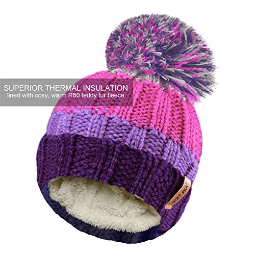 RockJock R80 Kids Girls Boys Ribbed Striped Thermal Insulating Bobble Hat with Cosy Fleece Lining - Purple/Pink