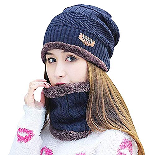 HIDARLING Children's Warm Knitted Hat and Tubular Scarf with Wool Lining, 2 Pieces, Armada, M