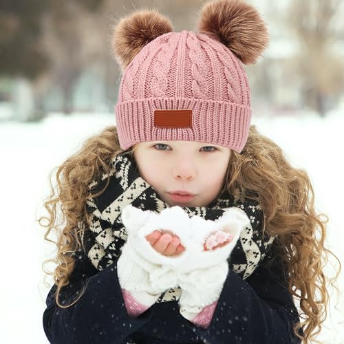 3 PCS Kids Winter Warm Beanie Hat Scarf Gloves Set, Thermal Knit Crochet Thick Fluffy Toddler Scarf Double Pom Pom Bobble Hat with Faux Fur for Girls Boys Children Toddler Aged 3-8 years old (Pink)