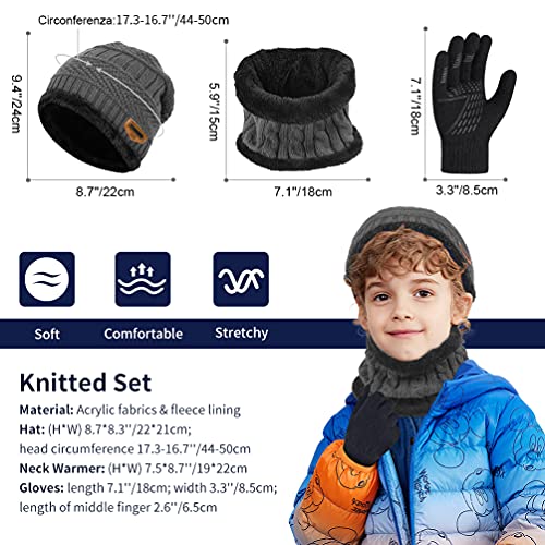 Kids Winter Hat Scarf Gloves Set - Warm Thermal Knitted Beanie Cap Snood Neck Warmer Touchscreen Anti-slip Mitten Outdoor Sports Soft Fleece Lining Elastic for Children Boys Girls Grey Aged 5-10