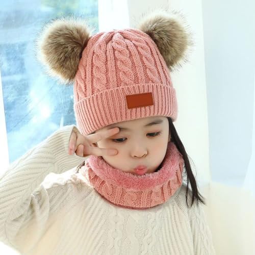3 PCS Kids Winter Warm Beanie Hat Scarf Gloves Set, Thermal Knit Crochet Thick Fluffy Toddler Scarf Double Pom Pom Bobble Hat with Faux Fur for Girls Boys Children Toddler Aged 3-8 years old (Pink)