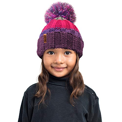 RockJock R80 Kids Girls Boys Ribbed Striped Thermal Insulating Bobble Hat with Cosy Fleece Lining - Purple/Pink