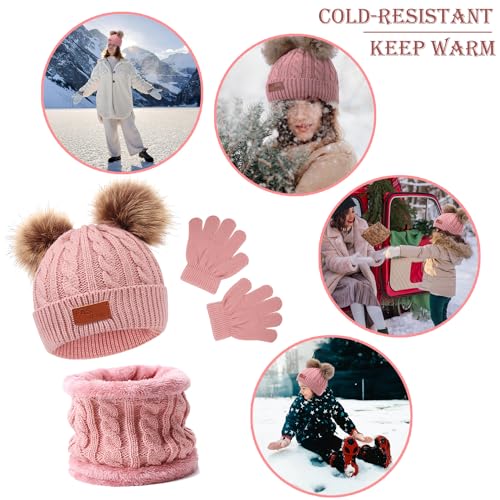 3 PCS Kids Winter Warm Beanie Hat Scarf Gloves Set, Thermal Knit Crochet Thick Fluffy Toddler Scarf Double Pom Pom Bobble Hat with Faux Fur for Girls Boys Children Toddler Aged 3-8 years old (Pink)
