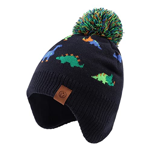XIAOHAWANG Knitted Baby Hat Winter Warm Boys Girls Beanie Fleece Lining Toddler Kids Hat with Pompom (Colorful Dinosaur Hat, M)