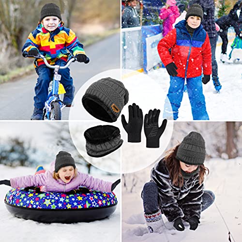 Kids Winter Hat Scarf Gloves Set - Warm Thermal Knitted Beanie Cap Snood Neck Warmer Touchscreen Anti-slip Mitten Outdoor Sports Soft Fleece Lining Elastic for Children Boys Girls Grey Aged 5-10