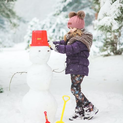 3 PCS Kids Winter Warm Beanie Hat Scarf Gloves Set, Thermal Knit Crochet Thick Fluffy Toddler Scarf Double Pom Pom Bobble Hat with Faux Fur for Girls Boys Children Toddler Aged 3-8 years old (Pink)