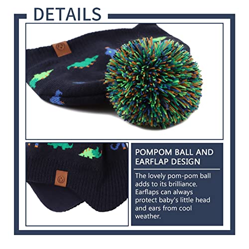 XIAOHAWANG Knitted Baby Hat Winter Warm Boys Girls Beanie Fleece Lining Toddler Kids Hat with Pompom (Colorful Dinosaur Hat, M)