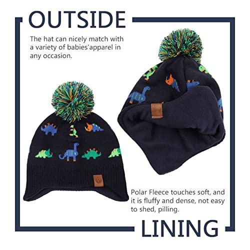 XIAOHAWANG Knitted Baby Hat Winter Warm Boys Girls Beanie Fleece Lining Toddler Kids Hat with Pompom (Colorful Dinosaur Hat, M)