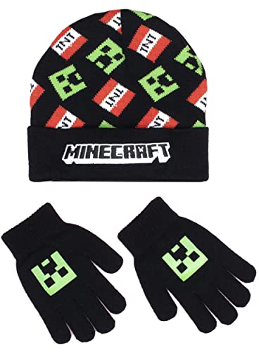 Minecraft - Hat & Gloves Set, Ages 6-12 - Cold Weather Accessories - Knitted Gloves Kids - For Children - Official Minecraft Merchandise - Ideal for Minecraft Fanatics, Black, One Size