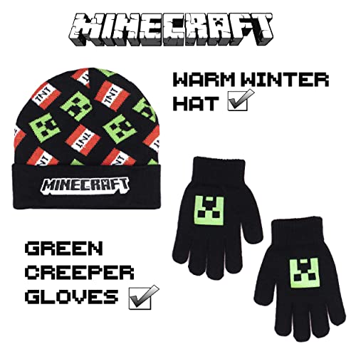 Minecraft - Hat & Gloves Set, Ages 6-12 - Cold Weather Accessories - Knitted Gloves Kids - For Children - Official Minecraft Merchandise - Ideal for Minecraft Fanatics, Black, One Size
