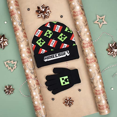 Minecraft - Hat & Gloves Set, Ages 6-12 - Cold Weather Accessories - Knitted Gloves Kids - For Children - Official Minecraft Merchandise - Ideal for Minecraft Fanatics, Black, One Size