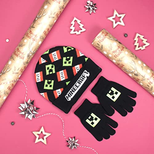 Minecraft - Hat & Gloves Set, Ages 6-12 - Cold Weather Accessories - Knitted Gloves Kids - For Children - Official Minecraft Merchandise - Ideal for Minecraft Fanatics, Black, One Size