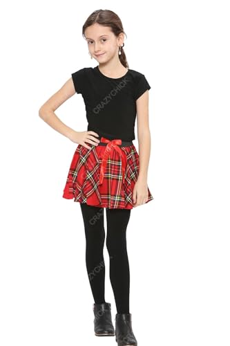 Crazy Chick Girls Circular Kids Tartan Skirt Check Bow Detail Dance Mini Skirts Size 5-10 Years (Red)
