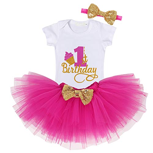 AmzBarley Baby Girls Unicorn Outfits Tutu Skirt My 1st Birthday Short Sleeve Rompers Tops Skirt Kids Outfit Clothing Sets Childs 12 Months/1 Year Hot Pink 074