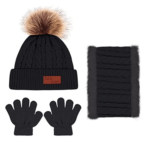 3Pcs Kids Winter Beanie Hat Scarf Gloves Set for 1-5 Years Old Boys Girls. Winter Accessories Sets for Children Outdoor Sports, Knit Thick Warm Fleece Lined Thermal Sets (Black)