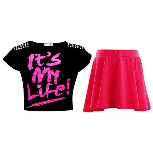 A2Z 4 Kids Crop Top & Skater Skirt Set Short Sleeves T Shirt Summer Outfit - Its My Life Black & Skirt Set 7-8