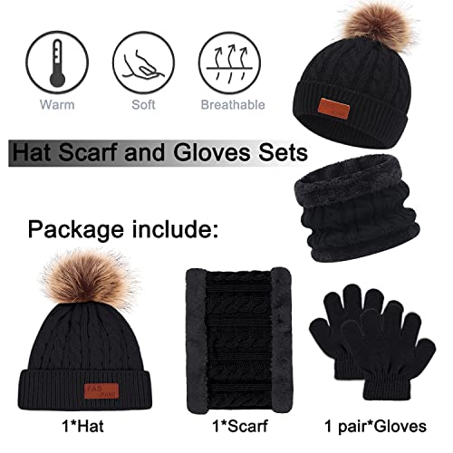 3Pcs Kids Winter Beanie Hat Scarf Gloves Set for 1-5 Years Old Boys Girls. Winter Accessories Sets for Children Outdoor Sports, Knit Thick Warm Fleece Lined Thermal Sets (Black)