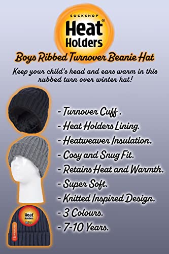 HEAT HOLDERS - Boys Every Day Casual Wear Ribbed Turnover Winter Hat for Kids (7-10 Years, Navy)