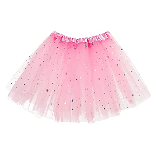 Sibba Sparkle Tutu Skirt Princess Ballet Dance Skorts 3 Layered Tulle Sequin Star Skirts Role-Playing Christmas Birthday Parties for Girls Toddler 2-7 Years Sports Outdoor Clothing (Pink)