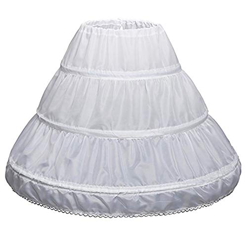 Exclen Girls Children Petticoat A-Line 3 Hoops One Layer Kids Crinoline Lace Trim Flower Girl Dress Underskirt Adjustable Waist for Age 6-14 Years Old. White