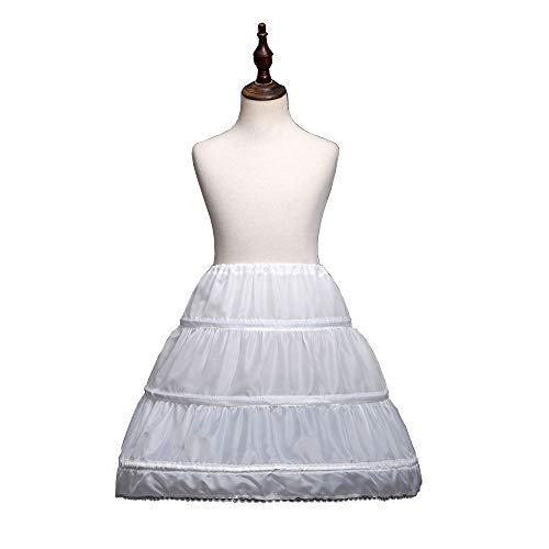 Exclen Girls Children Petticoat A-Line 3 Hoops One Layer Kids Crinoline Lace Trim Flower Girl Dress Underskirt Adjustable Waist for Age 6-14 Years Old. White