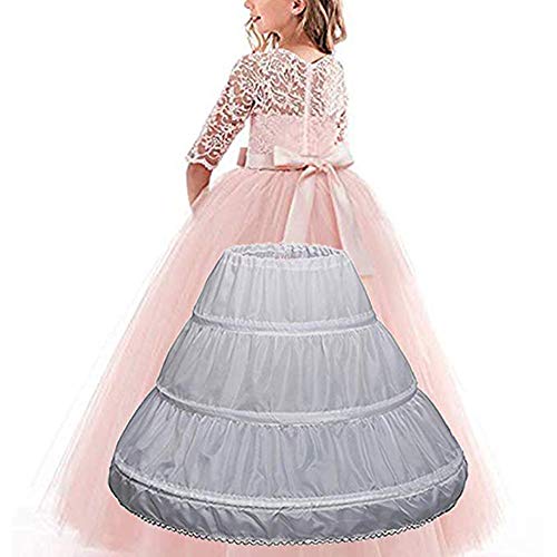 Exclen Girls Children Petticoat A-Line 3 Hoops One Layer Kids Crinoline Lace Trim Flower Girl Dress Underskirt Adjustable Waist for Age 6-14 Years Old. White