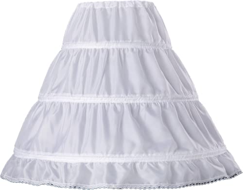 HYGRXSG Girls 3 Hoops Petticoat Full Slip Lace Trim Flower Girl Crinoline Skirt Underskirt Adjustable Waist White Size 6-7 Years