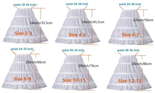 HYGRXSG Girls 3 Hoops Petticoat Full Slip Lace Trim Flower Girl Crinoline Skirt Underskirt Adjustable Waist White Size 6-7 Years