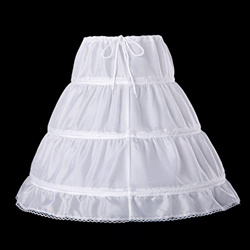 HYGRXSG Girls 3 Hoops Petticoat Full Slip Lace Trim Flower Girl Crinoline Skirt Underskirt Adjustable Waist White Size 6-7 Years