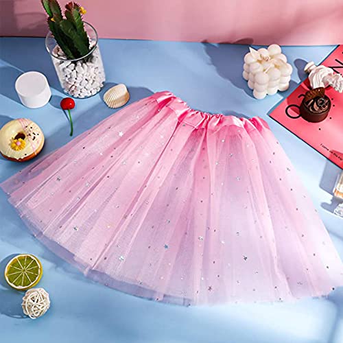 SECALIFE Girls Tutu Skirt Toddler Baby 3 Layers Tulle Sequin Star Ballet Dance Tutu Skirts for Girls 2-8 Years, Pink