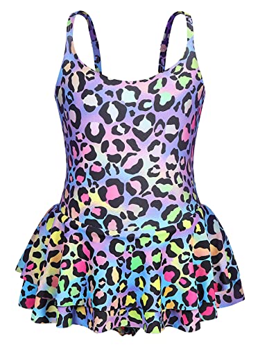 AmzBarley Girls Swimming Costume Swimsuit Kids One Piece Swimwear Leopard 3D Printed Ruffle Skirt Leotard Children Swim Wear Bathing Suit Summer Holiday Beachwear Age 8-9 Years Size 140