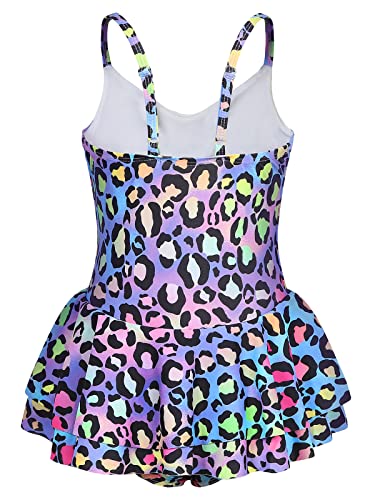 AmzBarley Girls Swimming Costume Swimsuit Kids One Piece Swimwear Leopard 3D Printed Ruffle Skirt Leotard Children Swim Wear Bathing Suit Summer Holiday Beachwear Age 8-9 Years Size 140