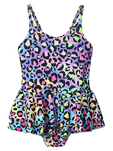 AmzBarley Girls Swimming Costume Swimsuit Kids One Piece Swimwear Leopard 3D Printed Ruffle Skirt Leotard Children Swim Wear Bathing Suit Summer Holiday Beachwear Age 8-9 Years Size 140