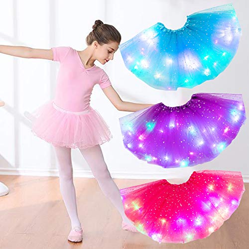 Girls Tutu Skirt with LED Light Up Stars Sequin, Little Girls Tutu Skirt Neon Colorful Luminous Party Dance Dress Princess Clothes Ballet for 3-8 Years Kids