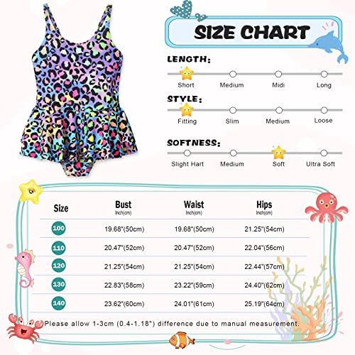 AmzBarley Girls Swimming Costume Swimsuit Kids One Piece Swimwear Leopard 3D Printed Ruffle Skirt Leotard Children Swim Wear Bathing Suit Summer Holiday Beachwear Age 8-9 Years Size 140