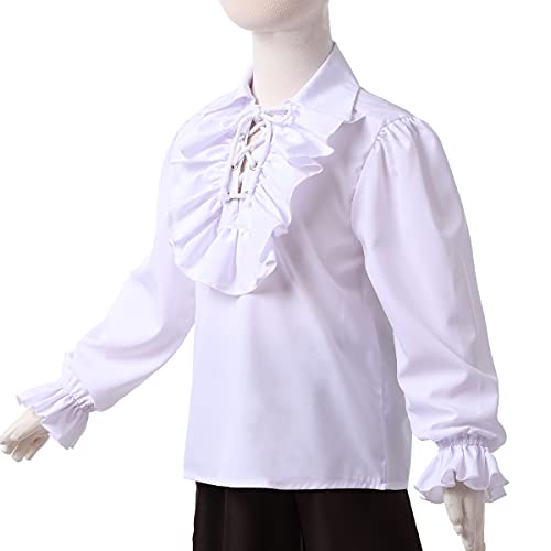 GRACEART Boy's Medieval Pirate Shirt Renaissance Costume Colonial Cosplay Ruffle Shirt Lapel Collar Lace Up Tops Kids Blouse White