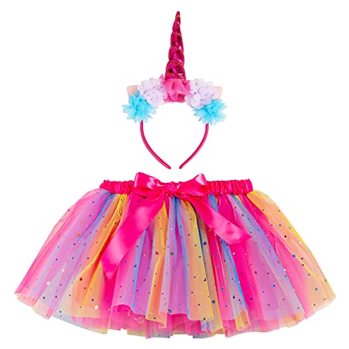 Baby Girls Rainbow Layered Tutu Skirt - Toddlers Girls Princess Tulle Ballet Dress with Unicorn Horn Headband