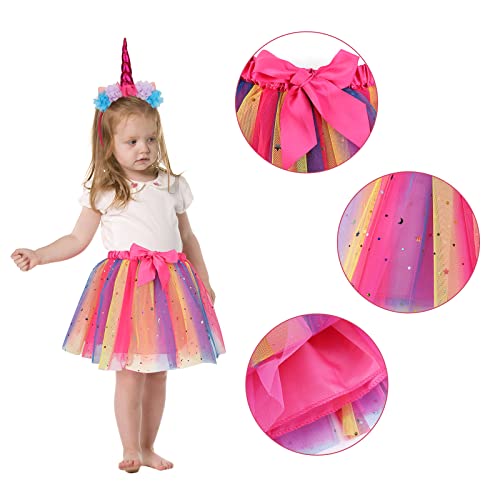 Baby Girls Rainbow Layered Tutu Skirt - Toddlers Girls Princess Tulle Ballet Dress with Unicorn Horn Headband