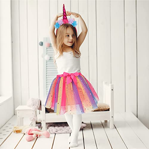 Baby Girls Rainbow Layered Tutu Skirt - Toddlers Girls Princess Tulle Ballet Dress with Unicorn Horn Headband
